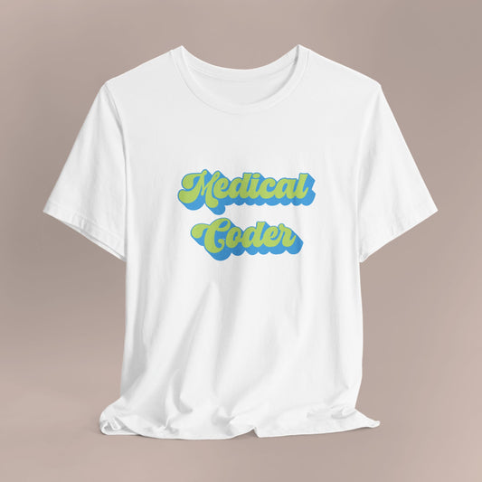 Retro Medical Coder Neon Yellow Green on Blue T-Shirt